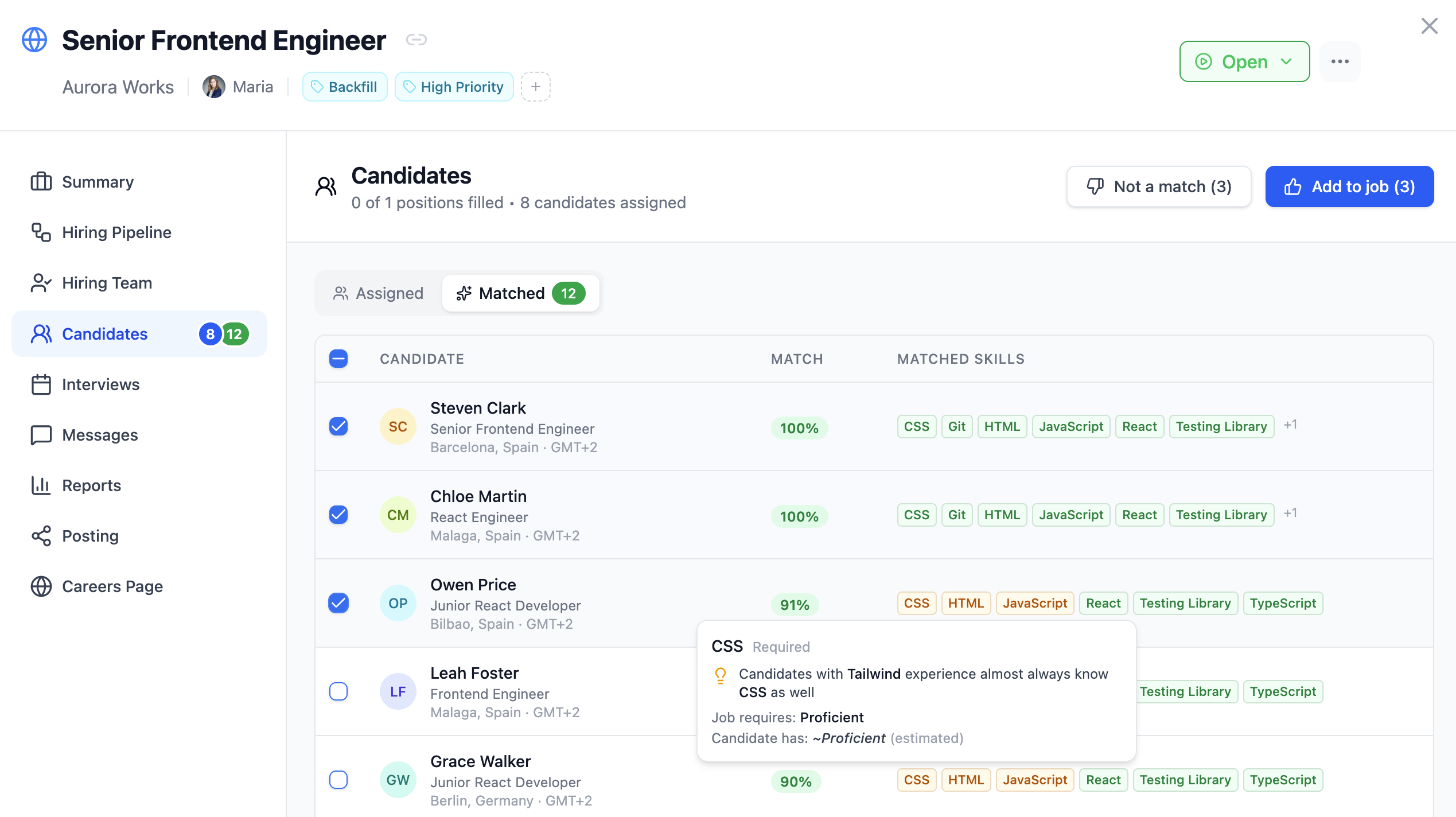 Job candidates view showing matched candidates with match scores and matched skills