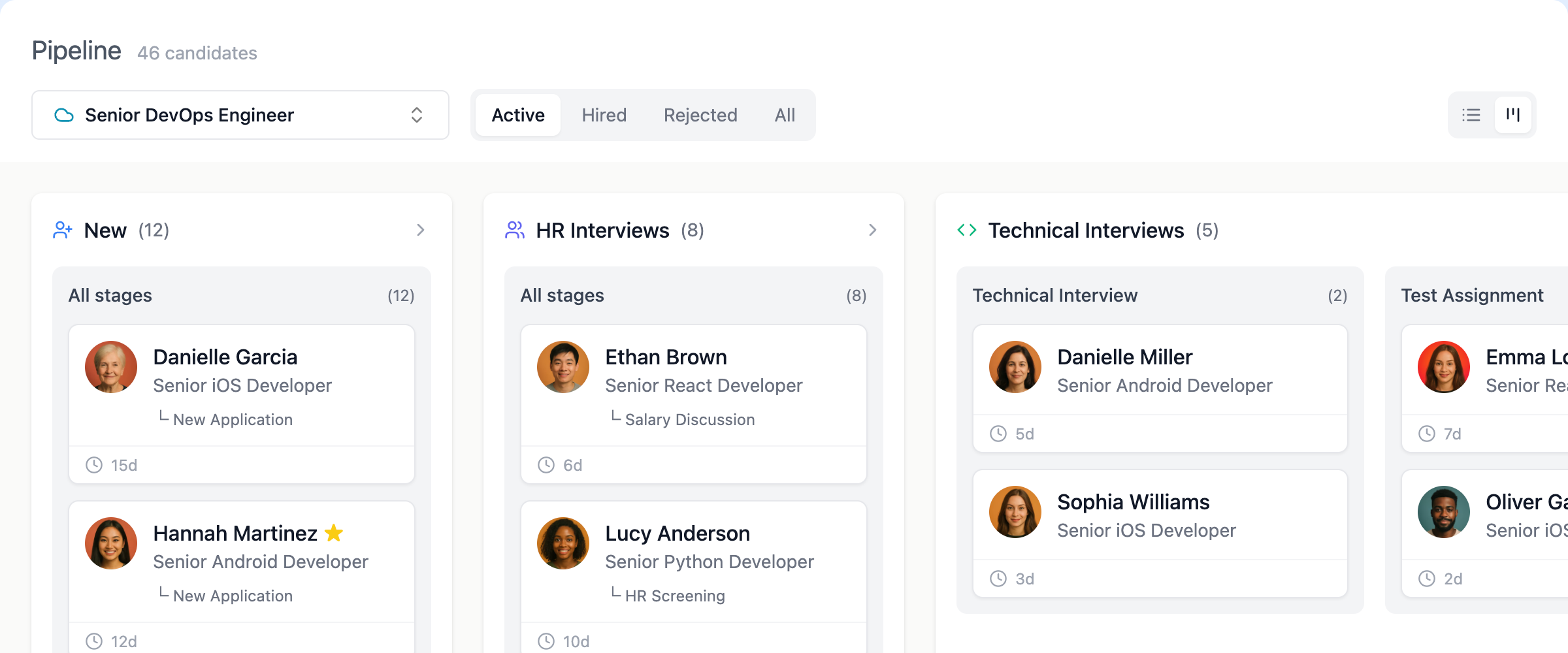 Hiring pipeline Kanban board with candidate cards across recruitment stages